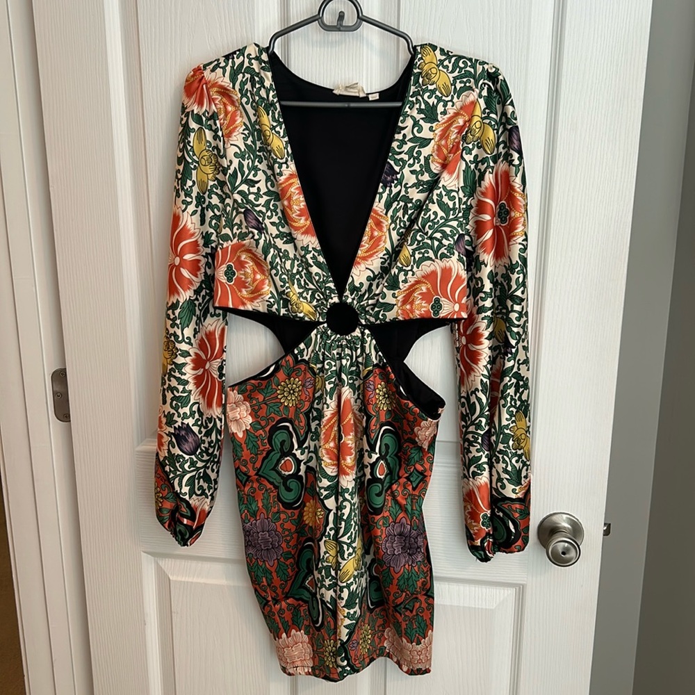 Anthropologie Let Me Be Orange and Green Mini Cutout Dress, Size M